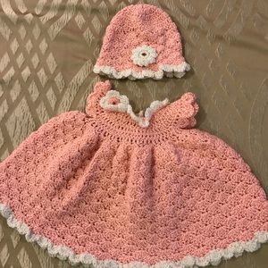 Baby girl crochet dress, knit hat and blanket